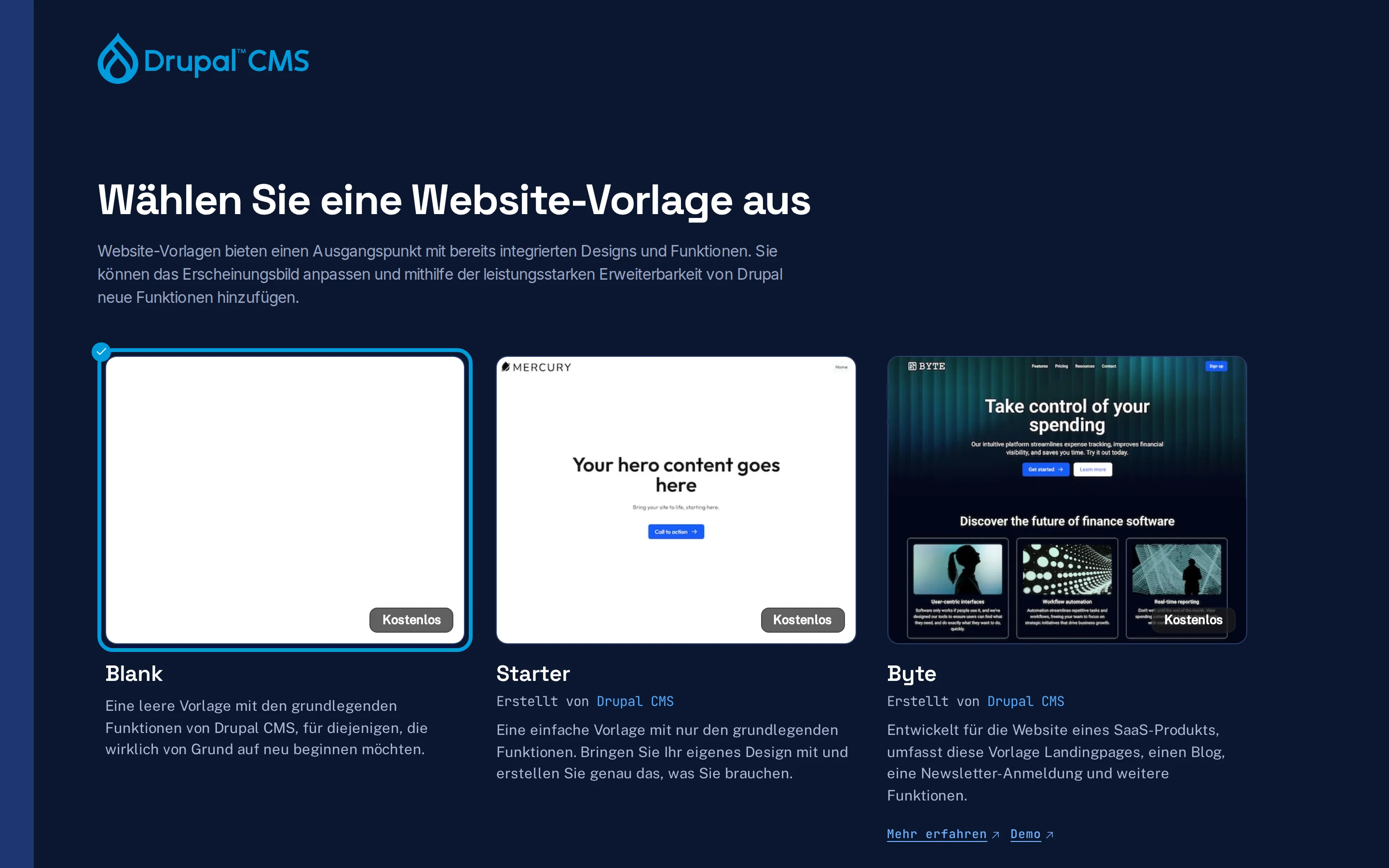 The template selection of the Drupal CMS installer in German, in dark mode