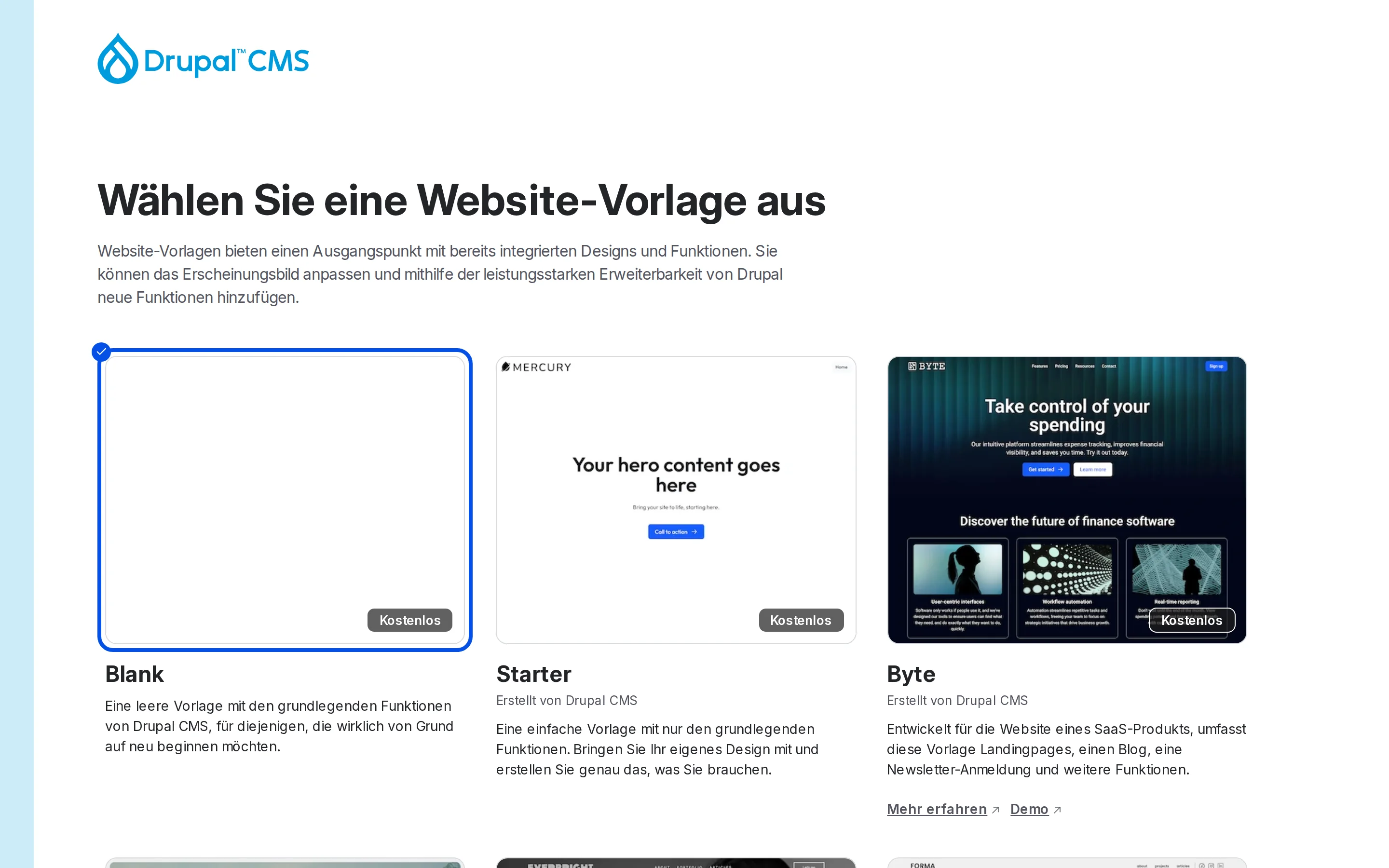 The template selection of the Drupal CMS installer in German